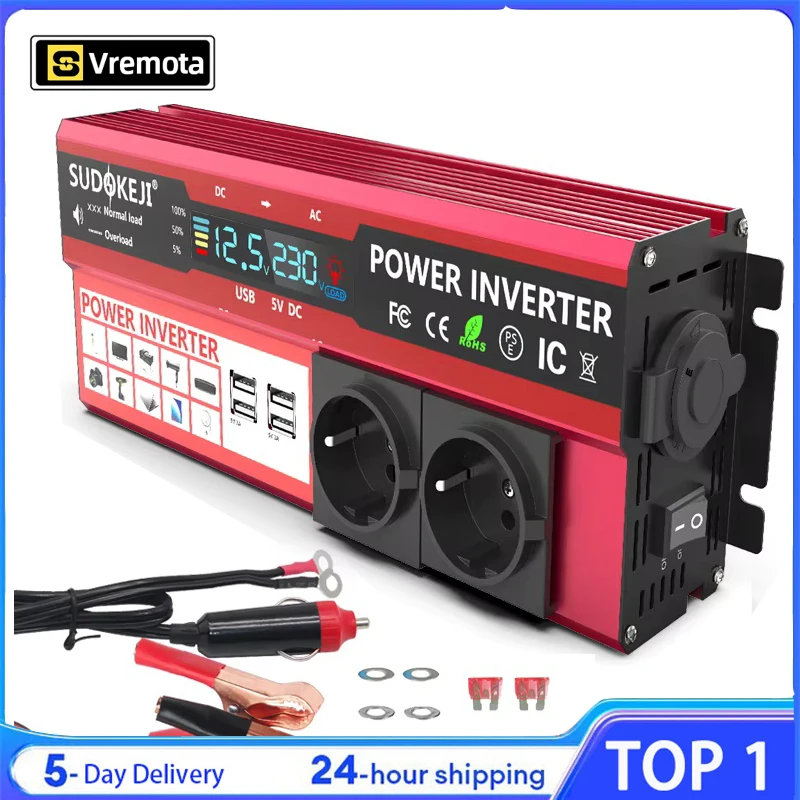 Vremota عاكس الطاقة المحمولة تيار مستمر 12 فولت إلى التيار المتناوب 220 فولت 230 فولت محول مع 4 USB مقبس الاتحاد الأوروبي تهمة مع رحلات عرض LED والتخييم #1