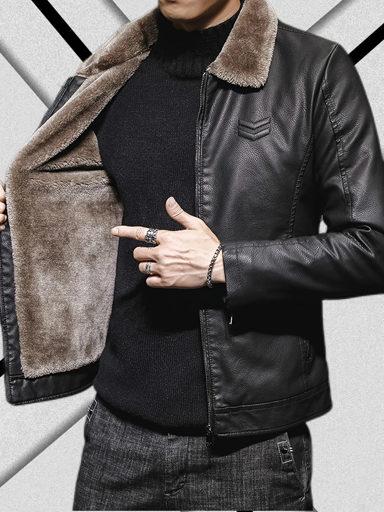 

Casual Thiened Fce Lined Men's Leather Jaet Winter Windproof eep Camere Coat Autumn Winter Loose Fit Classic Sle