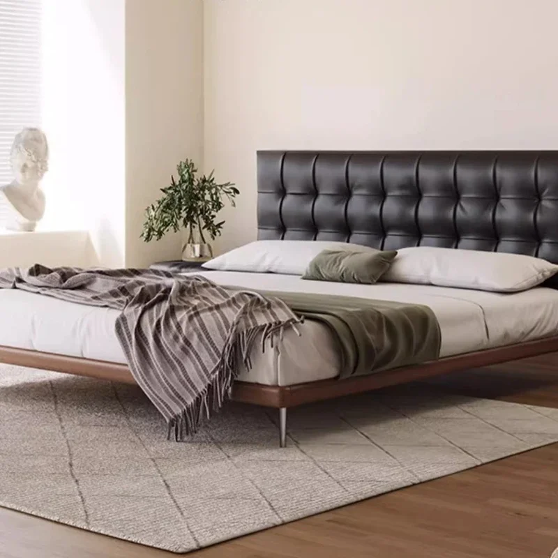 

Leather bed, retro waffle bed, minimalist antique master bedroom solid wood soft bag