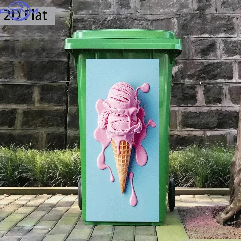 2D 1PCTrash Can Sticker Melted Ice Cream Cone Theme Design Wall Decal Self-Adhesive Wallpaper Kitchen Trash Can Decoration Sui
