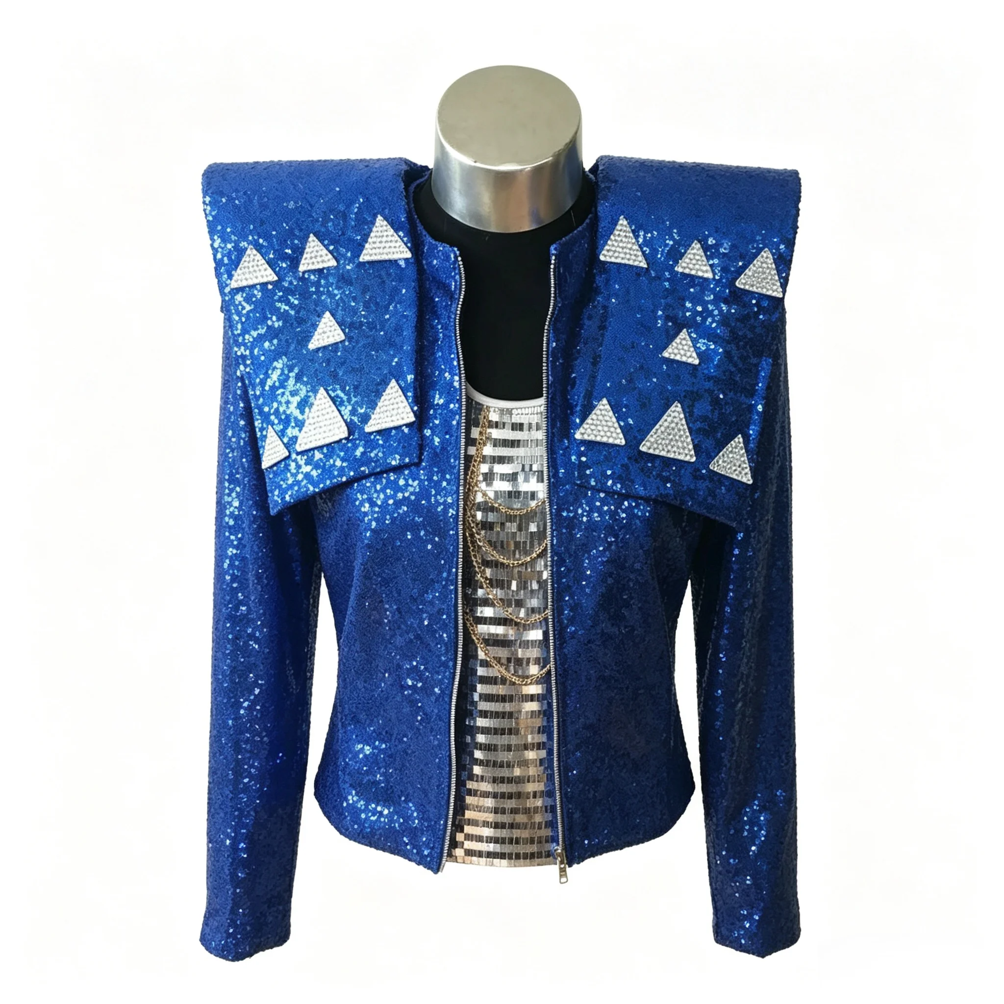 Men Royal Blue Sequin Stage Jacket Silver Triangle Rhinestone Decor Shoulder Pads Zipper Slim Fit Singer Performance Nightclub