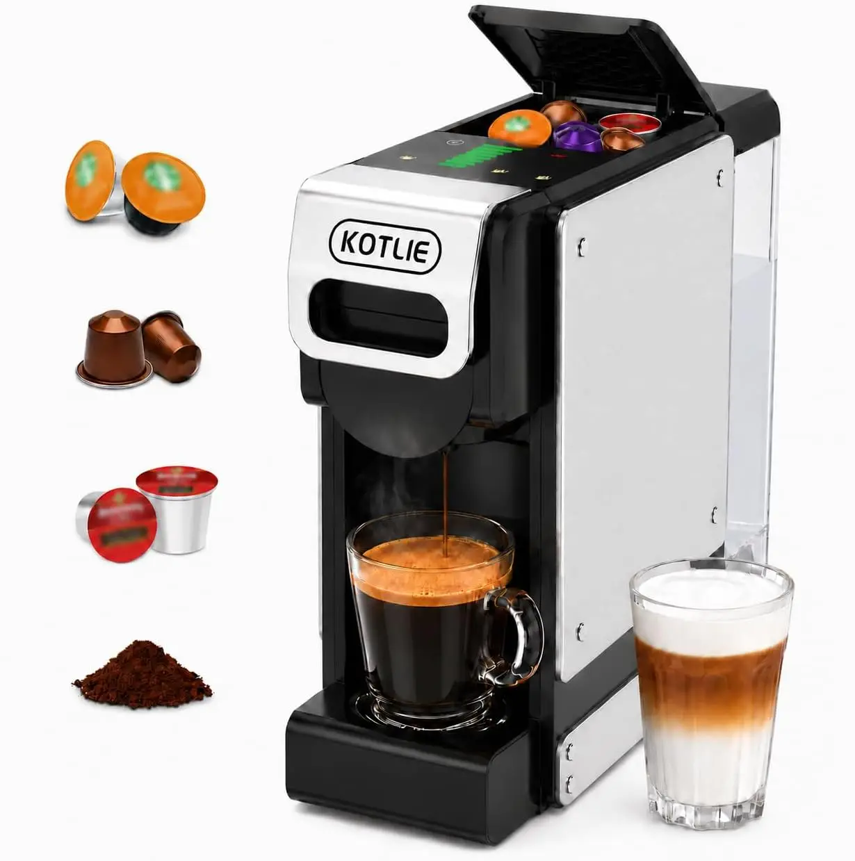 19 Bar Single Serve Coffee Maker for K*cup, Nes Original,Dol*e Gusto,and Grounds, 34 Oz Reservoir with 7 Water Flow Settings, Id