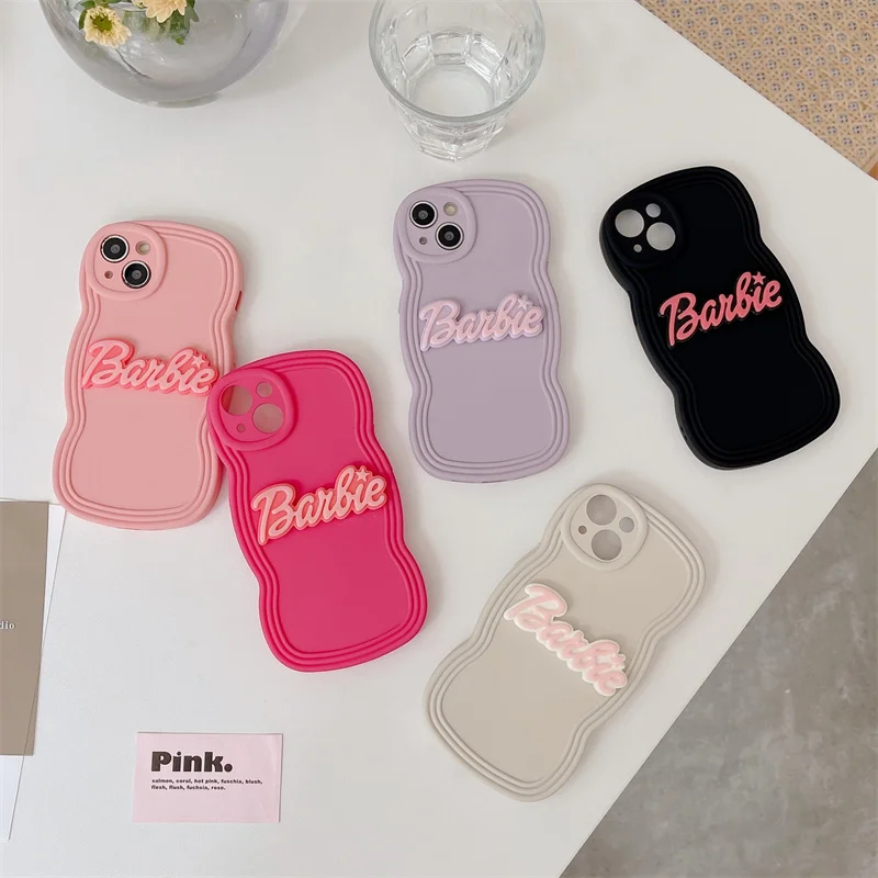 Fashion Barbie Cute Solid Curly Wave Phone Case For iPhone 15 14 13 12 11 Pro Max X XR XS Candy Soft Shockproof Bumper Cover