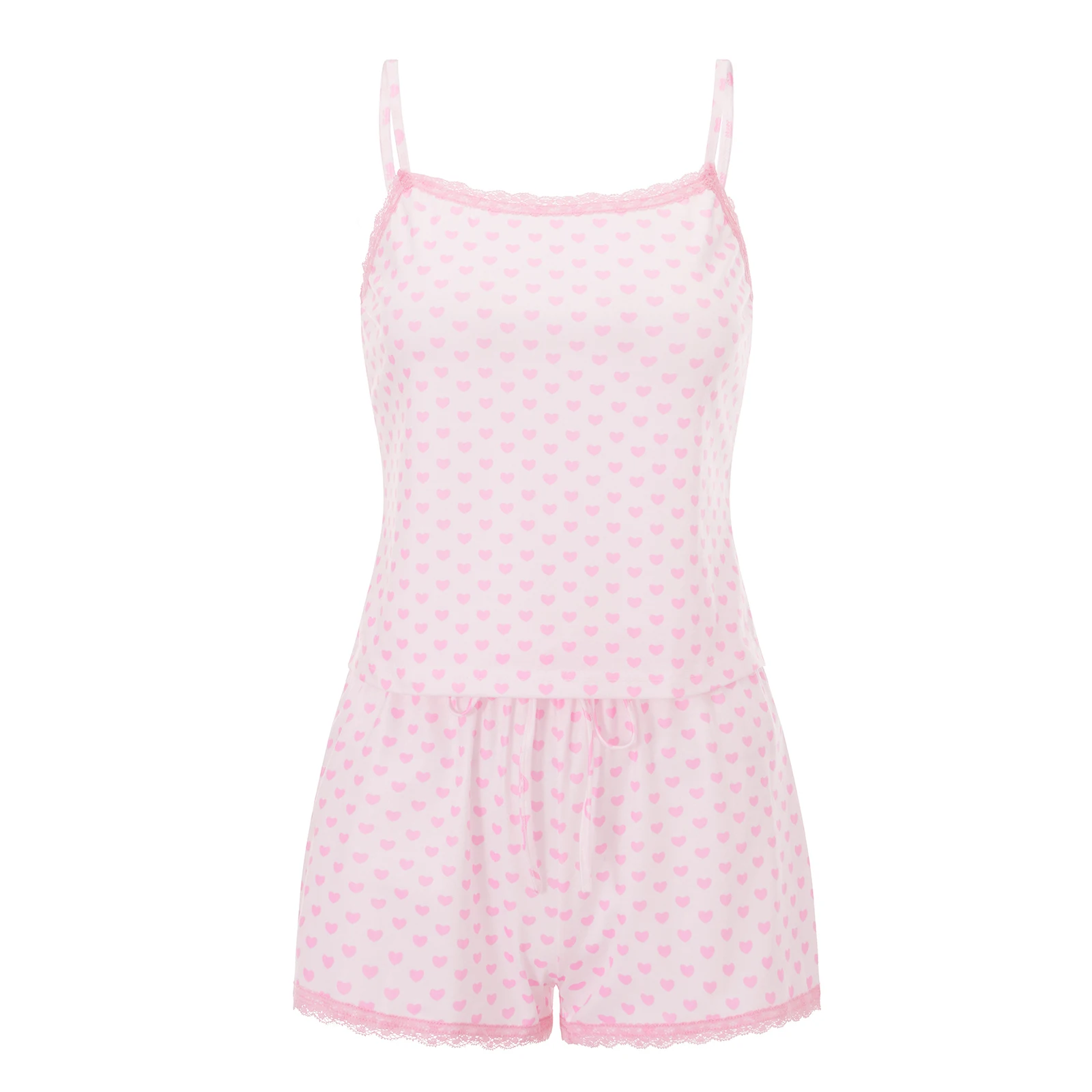 Women Pajama Sets Shorts Set Heart/Dot Lace Trim Scoop Neck Crop Camisole Mini Shorts 2 Piece Summer Sleepwear Outfit