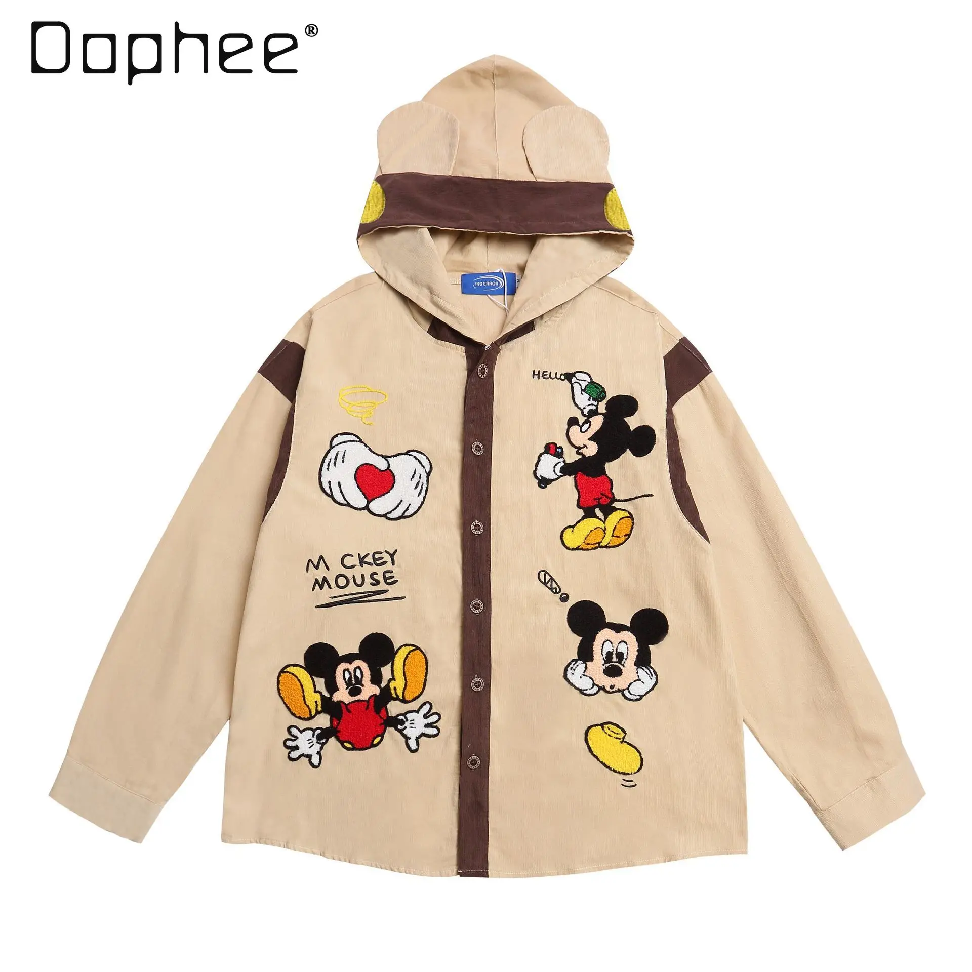

American Retro Fun Cartoon Embroidered Hooded Corduroy Long Sleeve Shirt Unisex Loose Couple Jacket Cute Hoodie coat