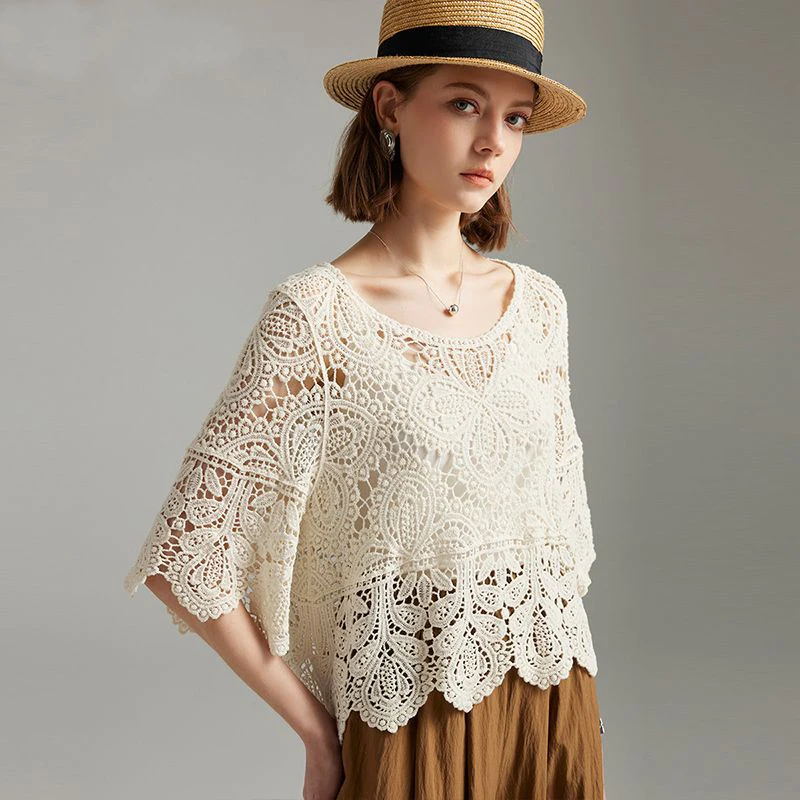 Hollow out thin knit sweater women\'s summer new western-style outerwear air-conditioned shirt t-shirt solid color middle sleeve