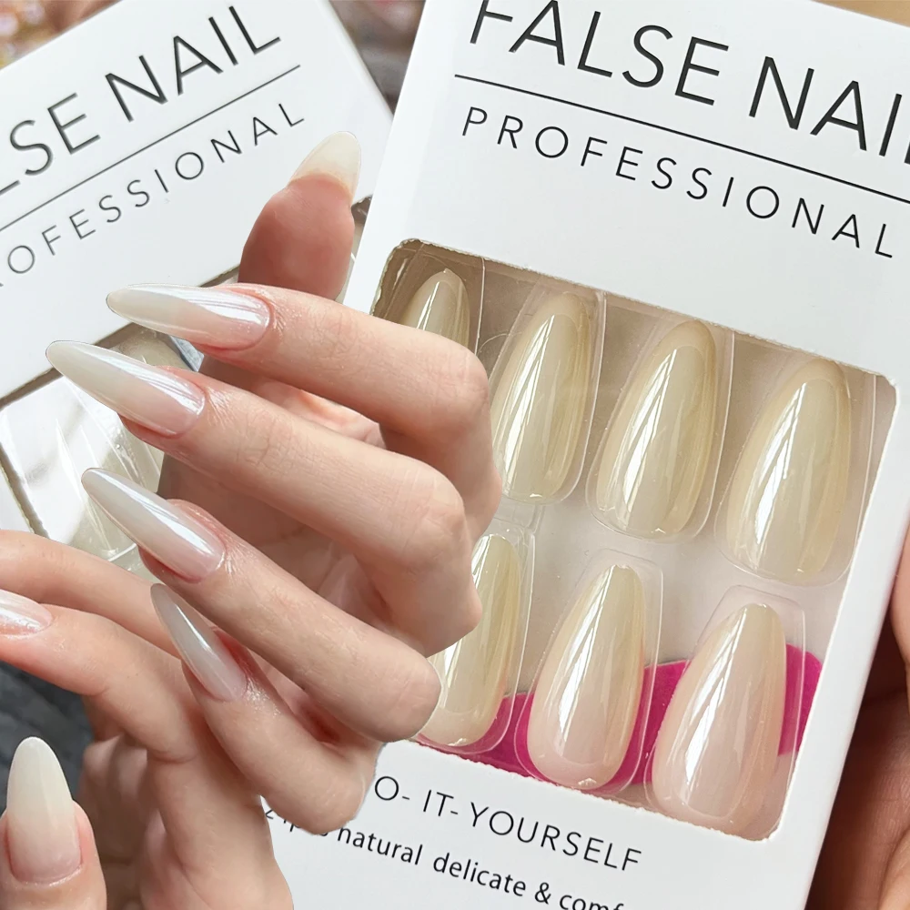 24 Uds Aurora perla uñas postizas cubierta completa brillante polvo de almendra usando uñas postizas Ins boda/diario Artificiall uñas de estilo coreano