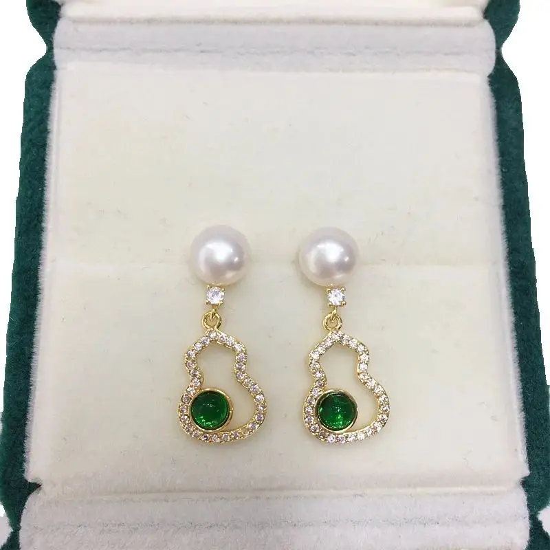 ZHBORUINI 2024 Real Natural Freshwater Pearl Earrings For Women Green Jade Gourd Agile Pearl Earrings S925 Silver Needle Jewelry