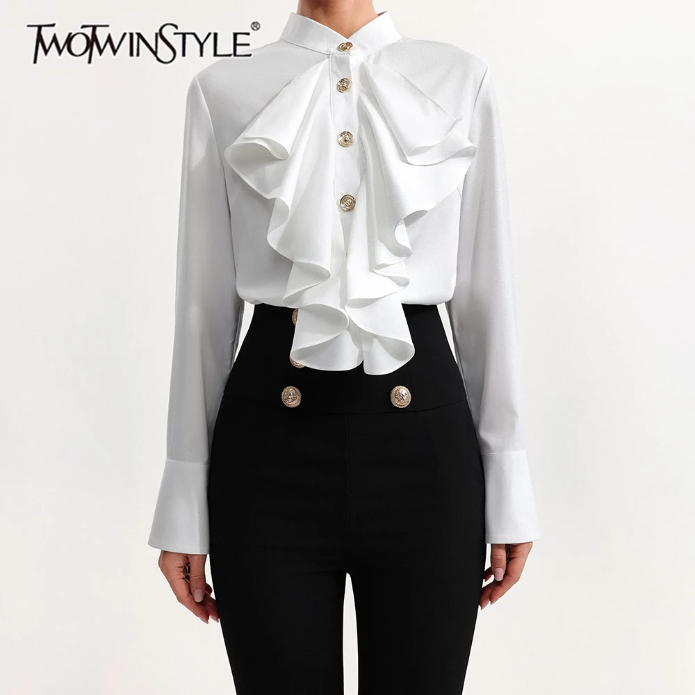 

TWOTWINSTYLE Solid Spliced Organ Folds Shirts for Women Stand Neck Long Sleeves Patchwork Buttons French Shirt Female Autumn New