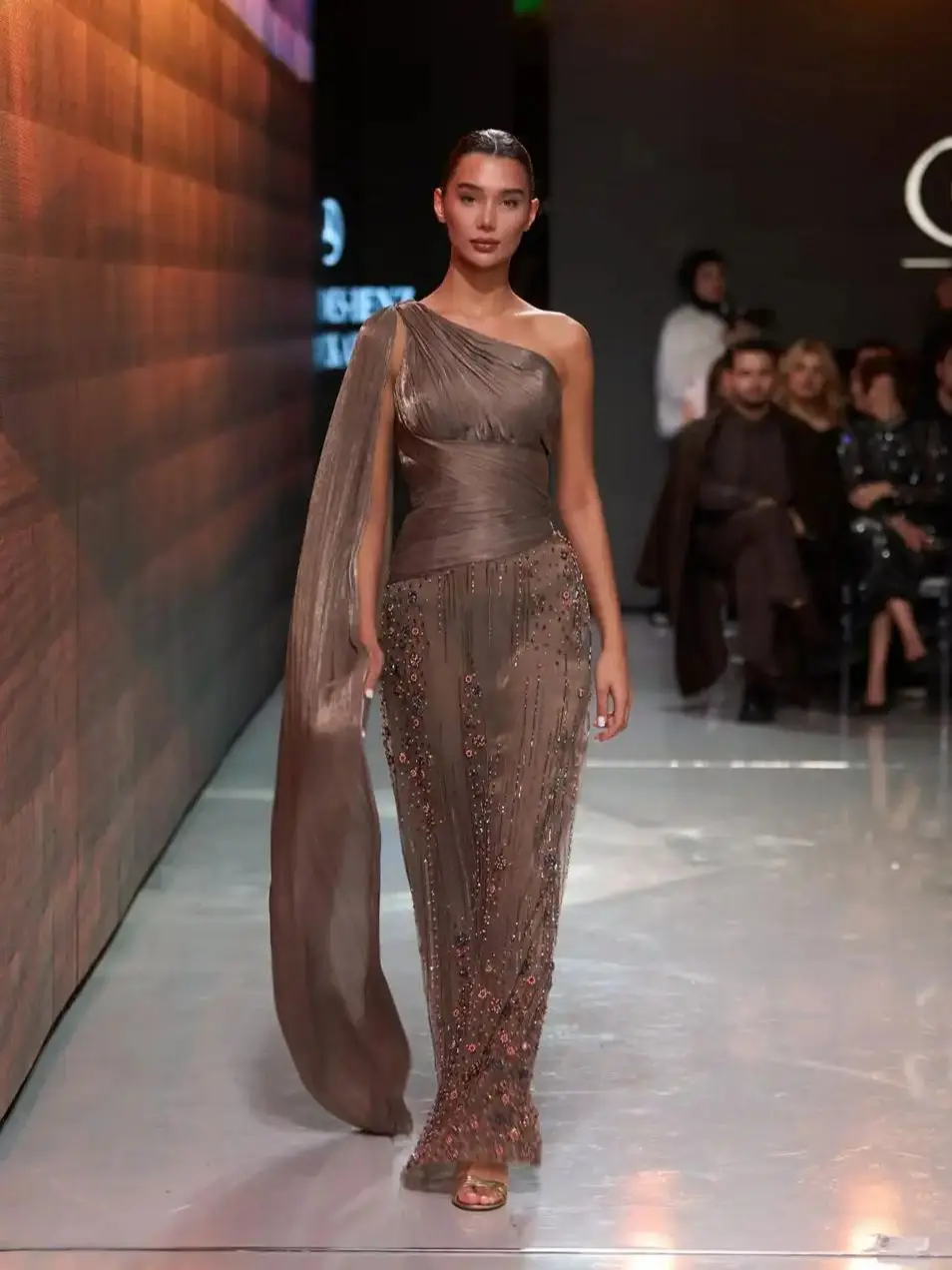 

Ofherown 2026 Brown Cape Sleeve Beaded Formal Prom Gown One Shoulder Evening Dress Women Party Red Carpet Maxi Dress