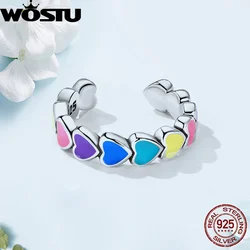 WOSTU Genuine 925 Sterling Silver Women Multicolor Enamel Heart Mono-Ear Cuff Earrings Rainbow Trend Jewelry Gift for Girl 1Pcs