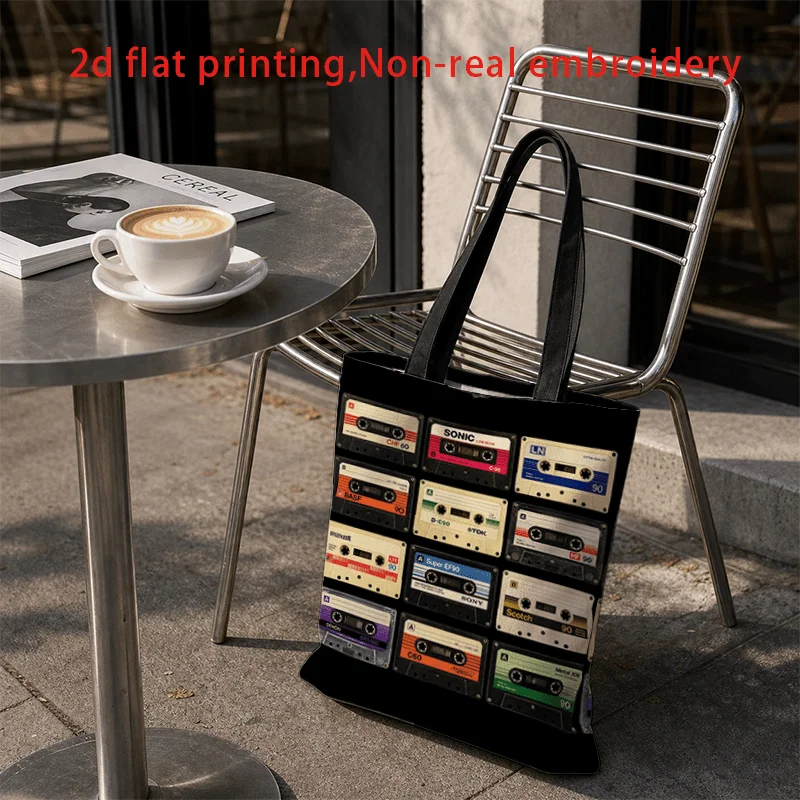 1pc, 2D Flat Printing, Retro Cassette Tape Print Tote Bag, Beach Vacation Daily Commute Practical Style, Double-Sided Printing,