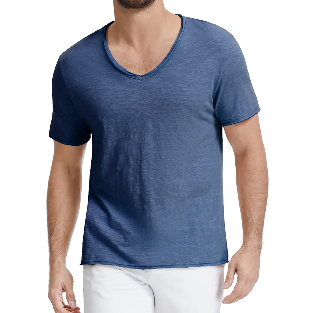 Men's Trendy Ripped Design T-shirt  V-neck Slim Fit Comfortable Cotton Tops Stylish Solid Color Casual Short Sleeve Tees