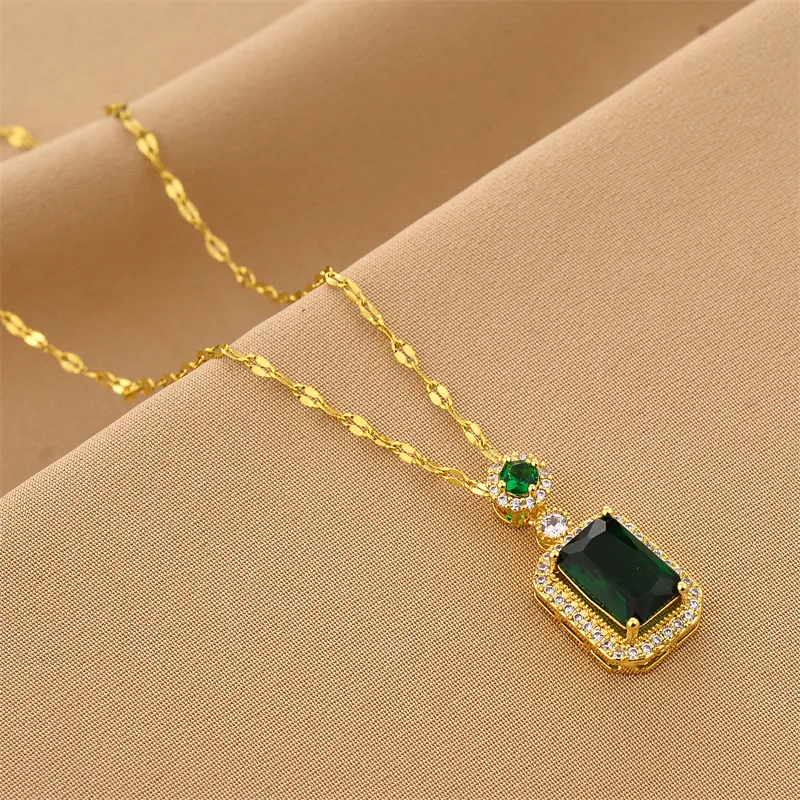 OIMG 316L Stainless Steel Temperament Green Red Imitation Gemstone Square Pendant Necklace For Women Girl Wedding Party Gifts