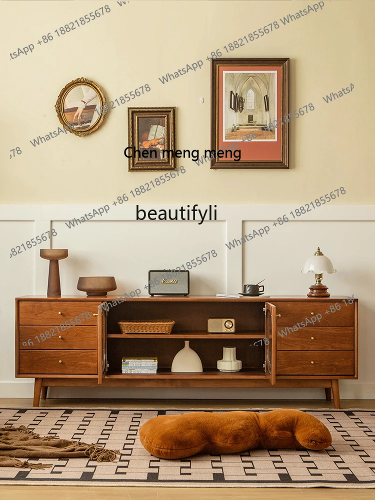 French Retro Cherrywood Solid Wood TV Cabinet Simple American Arched Small Apartment Living Room Audiovisual Cabinet