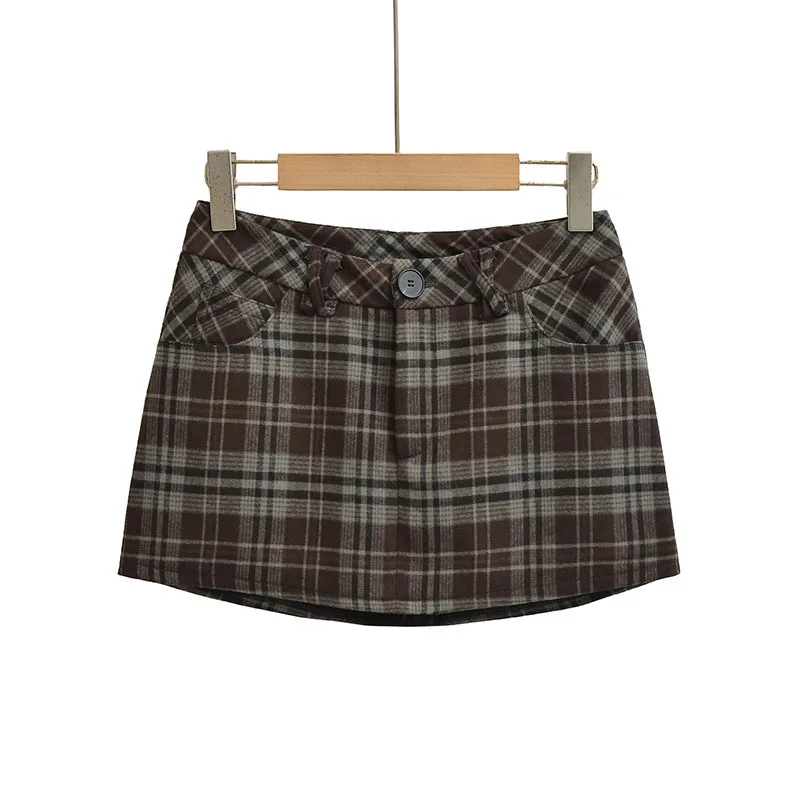 HKSH 2026 Frühling Herbst Neue Frauen Kurzen Rock Plaid Taschen Slim Fit A-Line Amerikanischen Retro Vielseitig Sexy Ins Y2K Röcke HK18160