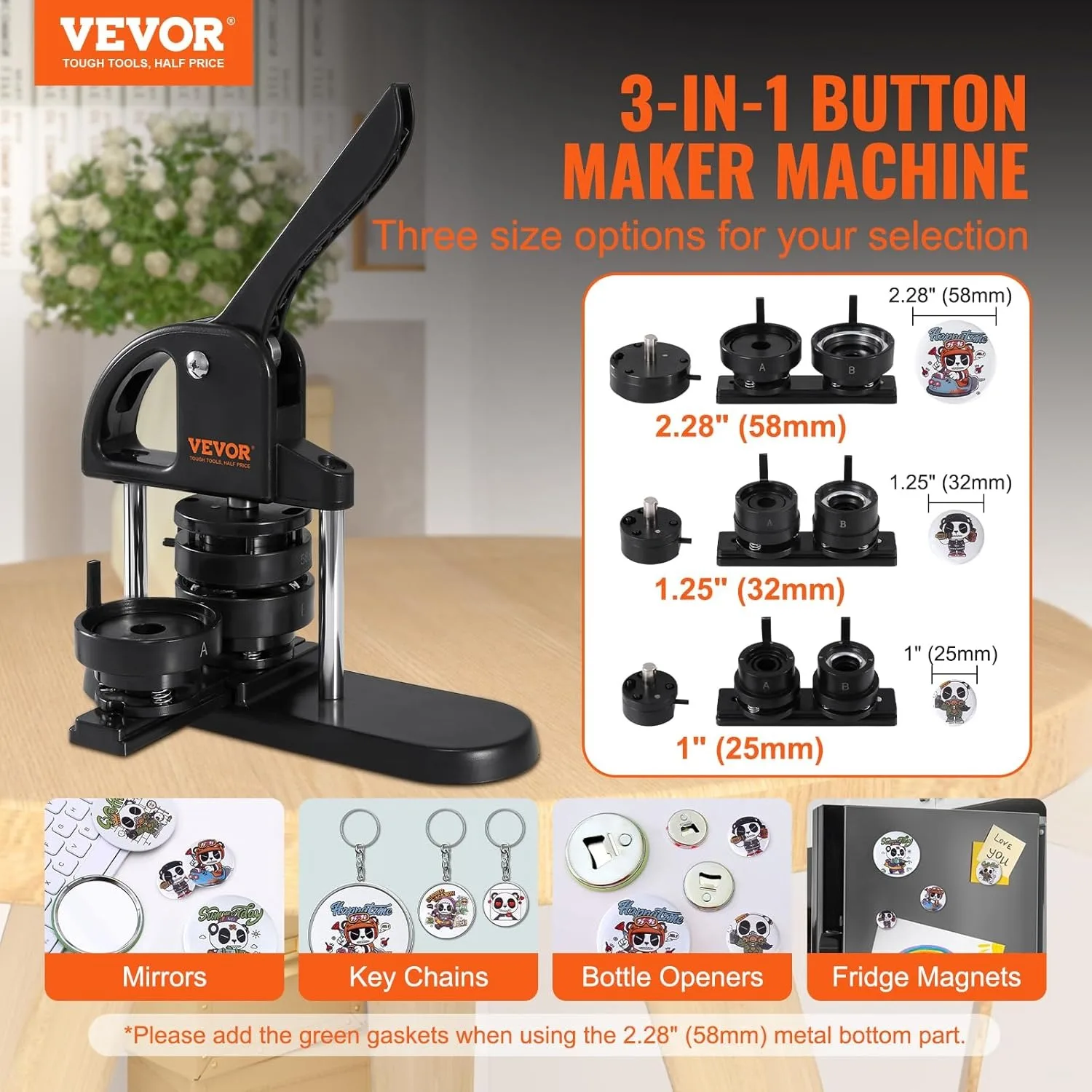 VEVOR Button Maker, 1/1.25/2.28 inch(25/32/58mm) 3-in-1 Pin Maker with 300pcs Button Parts, Ergonomic Arc Handle Punch Press Kit