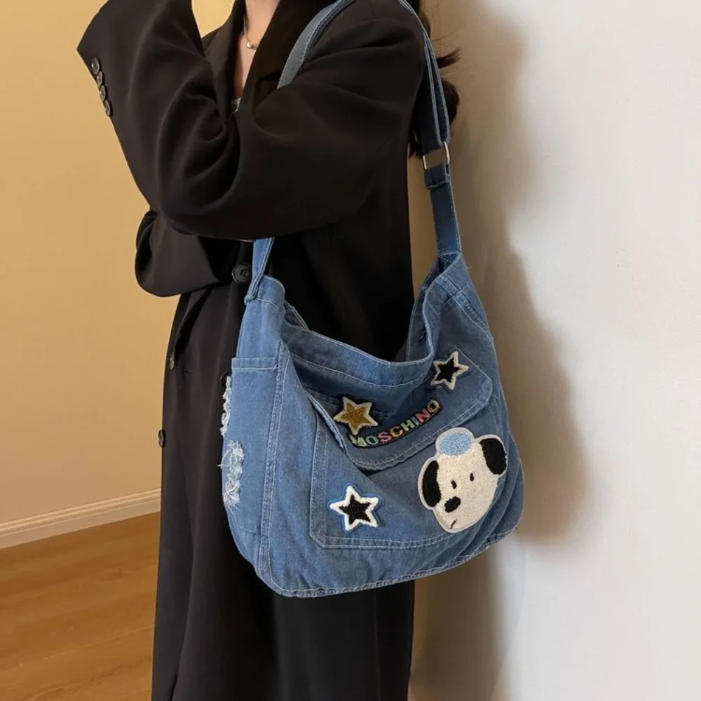 Cartoon Embroidery Denim Canvas Shoulder Bag Handbag Casual Messenger Bag Daily Commuting Bag Large Capacity Travel Totes Bag