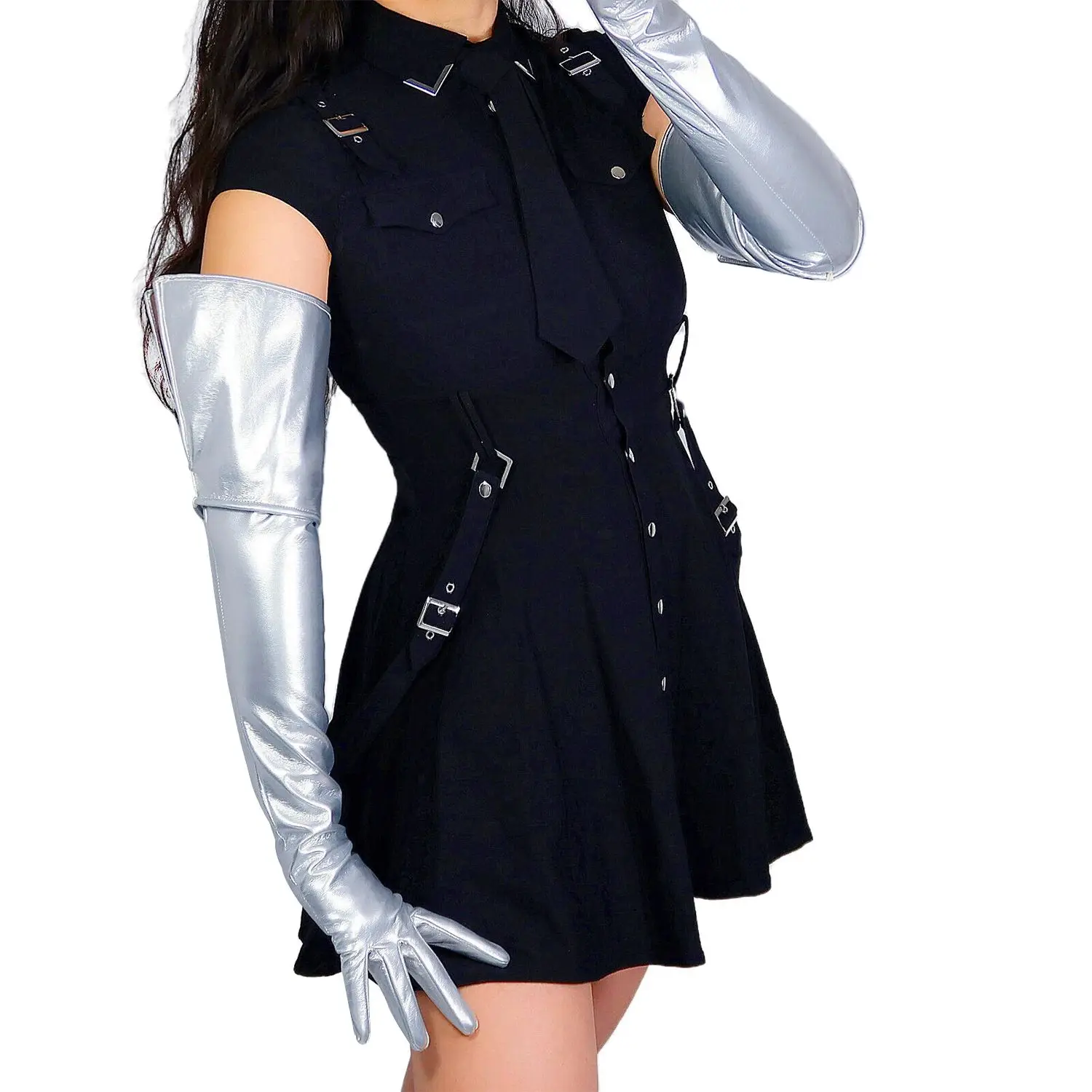 dooway-women's-silver-long-gloves-65cm-faux-leather-faionable-accory-for-parties-and-special-ocns