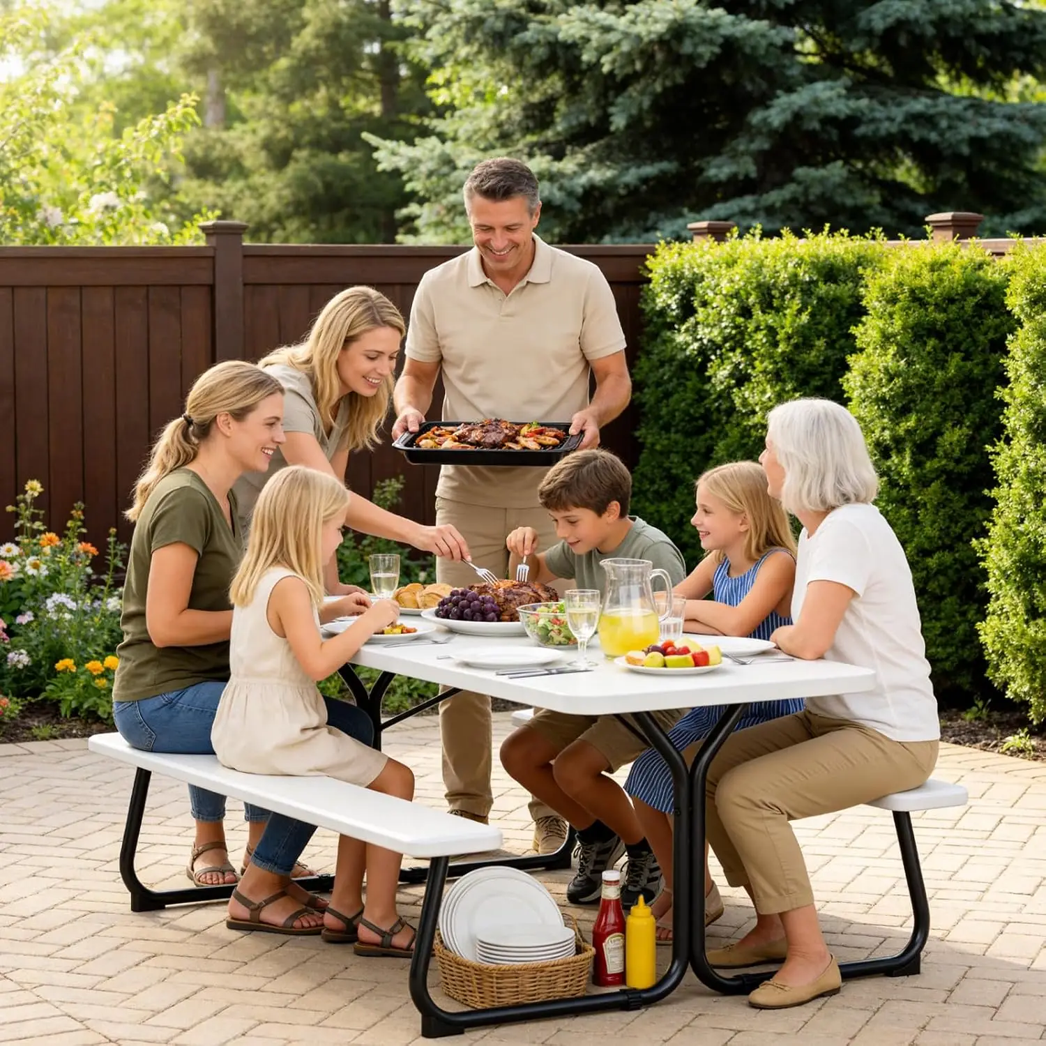 

Picnic Table, 6 FT Outdoor Picnic Table with Benches for 8 People, Heavy Duty Picnic Bench Set with Steel Frame, 600LBS Capacity
