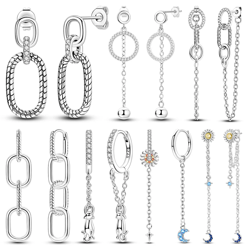 New Classic Earring For Women 925 Silver Sparkling Zircon Serpentine Rectangular Star Cat Double Hoop Earring Engagement Jewelry