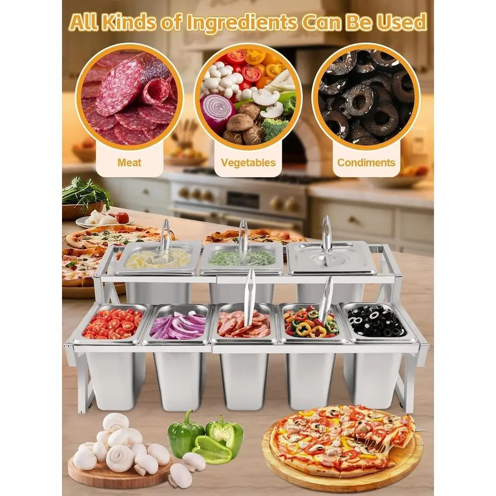 2-Row Adjustable Stainless Steel Pizza Topping Station with Lids and Spoons for Home Kitchen Buffet and Food Serving