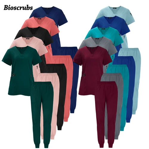 Uniformes médicos para mujeres y hombres, dentista, Hospital, bolsillos con cuello en V, Top, pantalones para correr, accesorios de enfermería, ropa de trabajo clínica