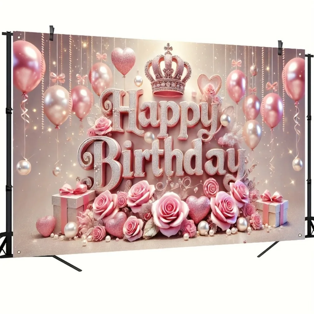 Happy birthday photography background, gorgeous crown and balloon theme, pink roses and glitter gift decoration