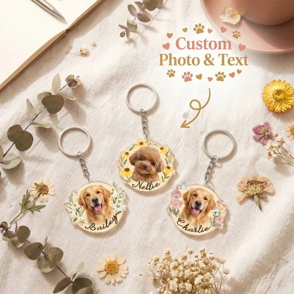Floral Wreath Round Acrylic Pet Photo Key chain, Custom Dog Cat Portrait Name Text, Pet Lover Memorial Backpack Bag Charm Gift