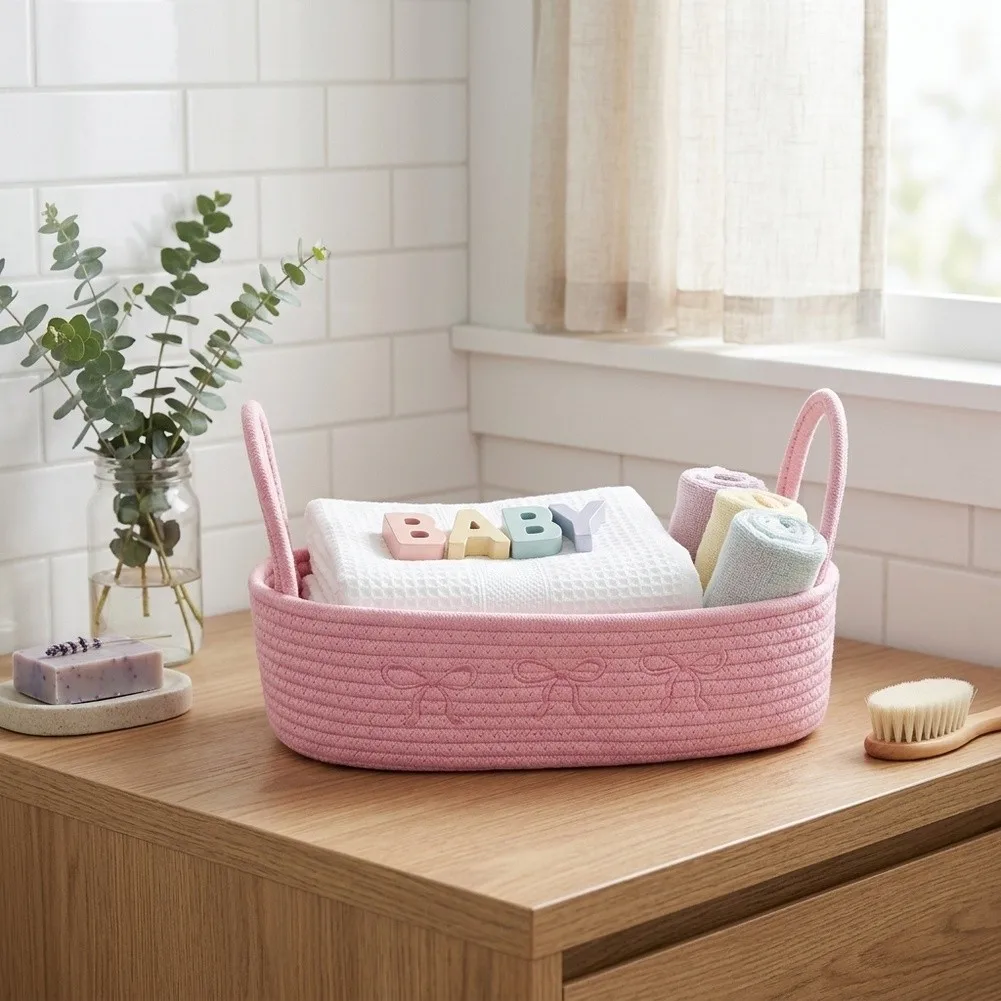 Cotton Rope Basket with Handle for Bathroom Storage on For Toilet Tank Top or Vanity for Towels For Toilet Paper and More