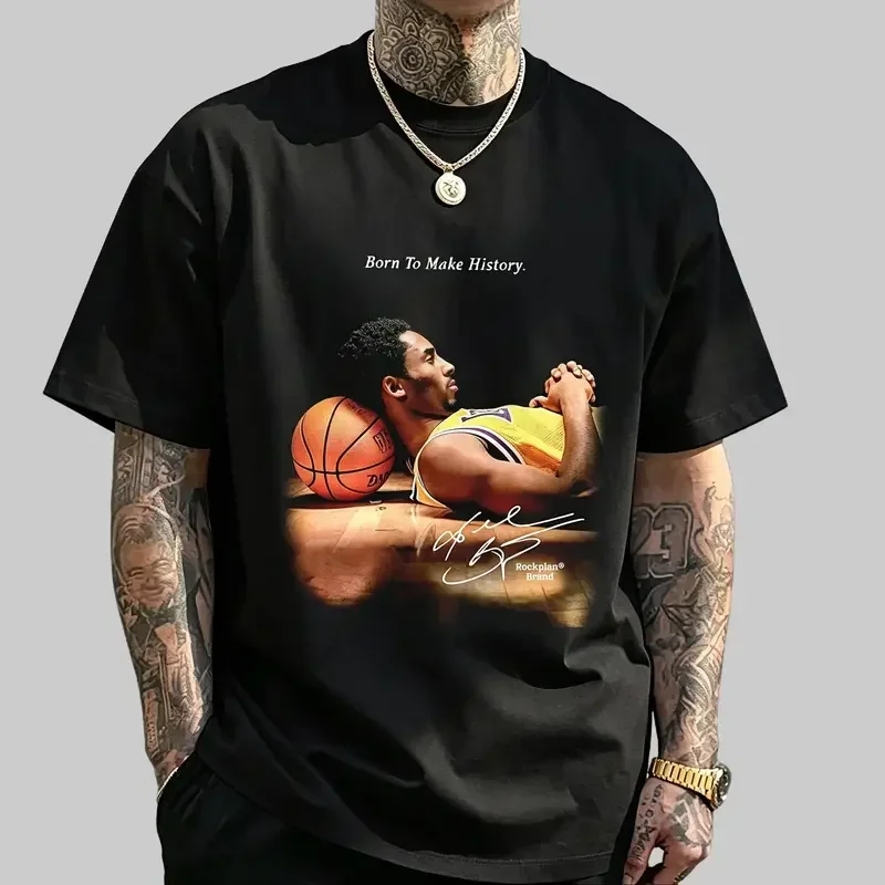 Men's Retro Kobe Headrest Basketball Pattern T-shirt Signature T-shirt - Black Short Sleeve, Retro Summer Casual Street Wear, Basketball Fans T-shirt