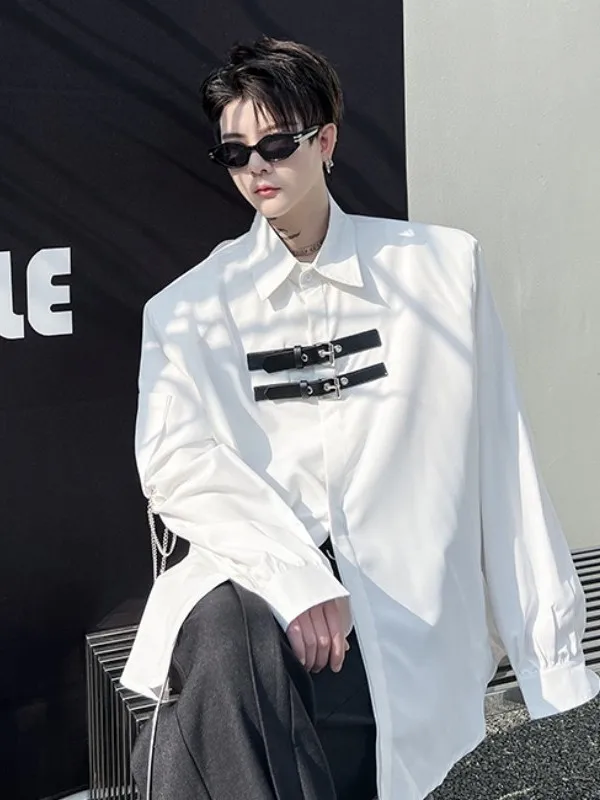 

Loose Long Sleeve Men's Shirt Padded Shoulder Metal Chain Design Spring Fashion Casual Workwear Youth Popular Four Seasons