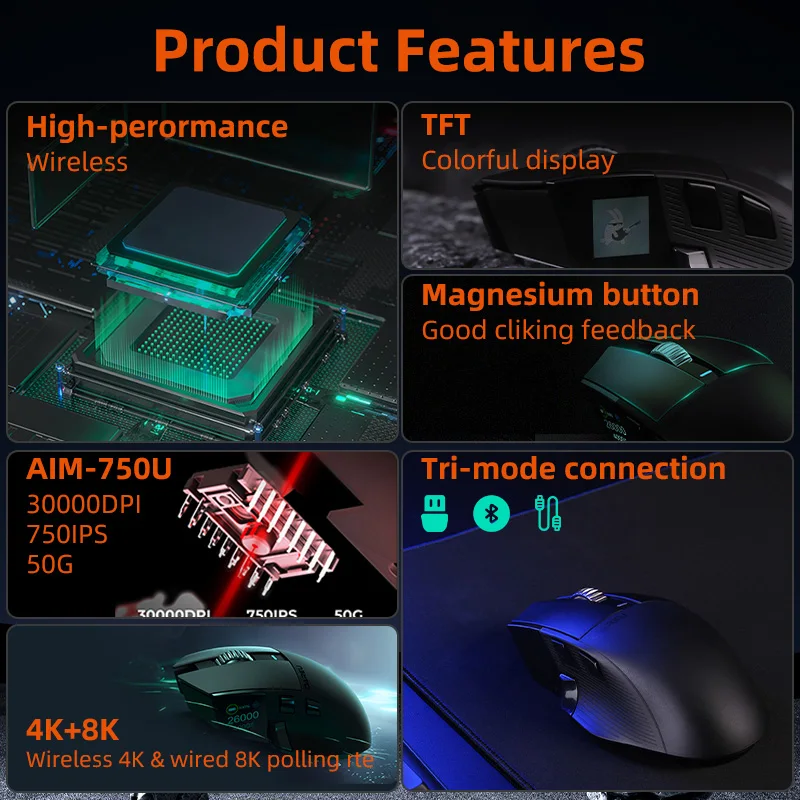 Imagem -02 - Mouse para Jogos sem Fio Dareu-tri-mode Clipes de 80m Tela Tft A980pro Max Taxa de Relatório 8khz 30000 Dpi