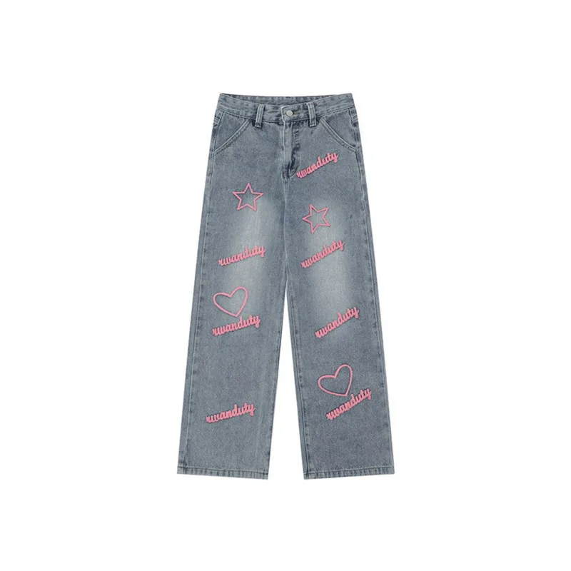 Y2k Jeans con ricamo a stella Autunno a vita alta Pantaloni casual a gamba larga Moda coreana Streetwear Pantaloni larghi con lettera a cuore Alla moda