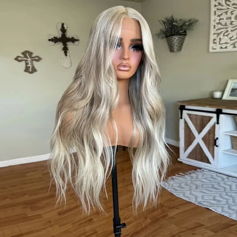 

HD Lace Front Glueless Wig Platinum Ash Blonde Balayage Colored Wig Heat Resistant Luxury Human Hair Synthetic Blended Fiber