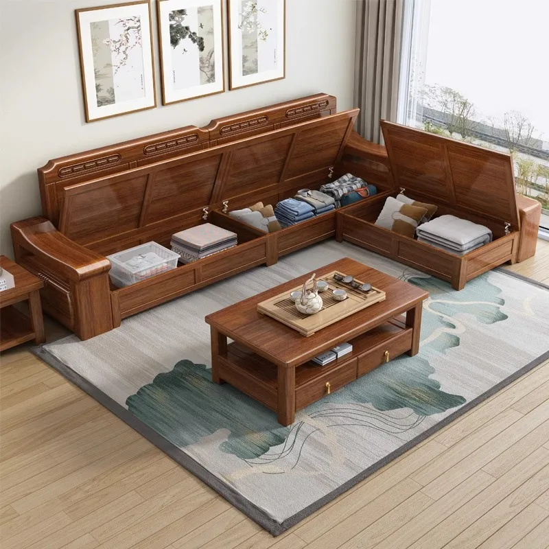 Solid wood sofa living room modern Chinese sofa with corner chaise longue wood small apartment furniture sofa living room