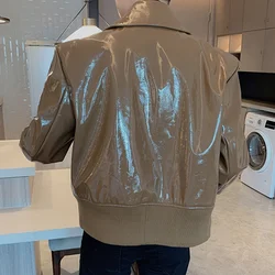 Fashion Spring Men's Shiny PU Leather Jacket New Loose Lapel Double-ended Zipper Short Coat Male Tide 2022