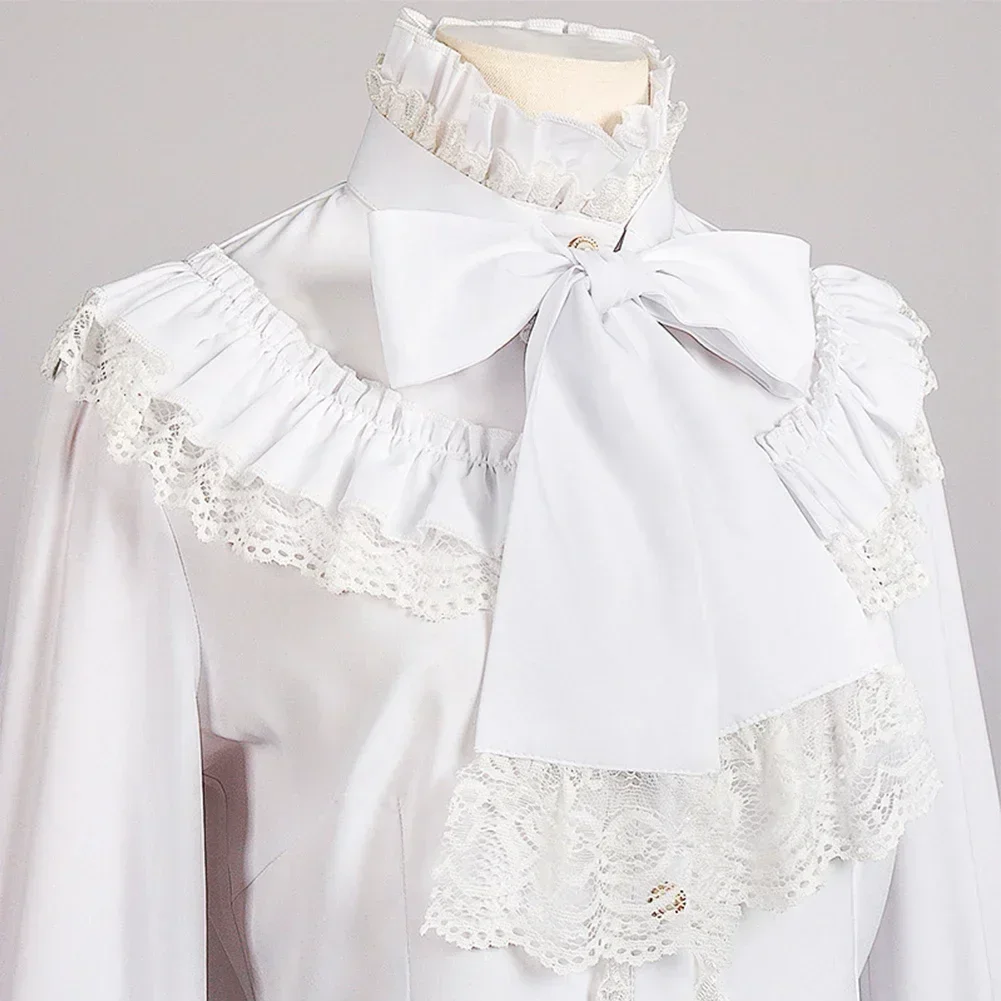 

Victorian Women's Ruched Lace Shirts And Blouses Gothic Lolita Vintage Long Sleeve Lotus Ruffle Solid Black White Tops Shirt