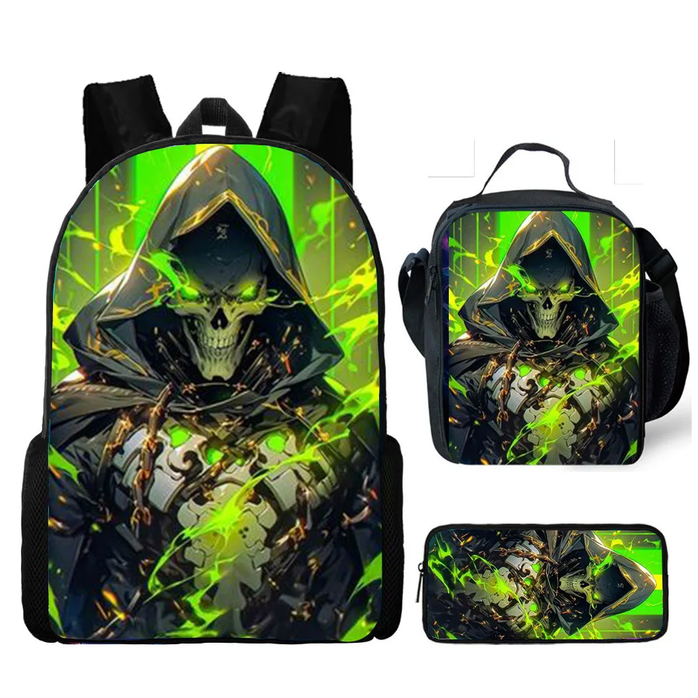 Hot selling skull backpack three piece set printed primary and secondary school backpack meal bag pencil case