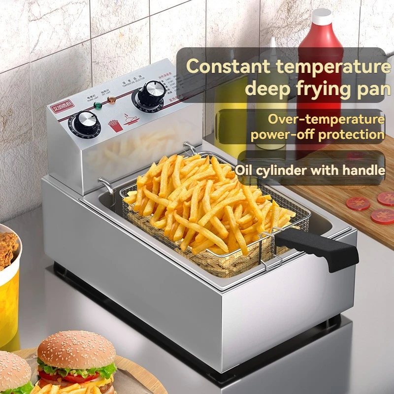 ماكينة مقلاة ذات خزان مزدوج تجارية تعمل بالغاز الكهربائي لبطاطس الدجاج تاكوياكي مثالية لأعمال المواد الغذائية في الشوارع