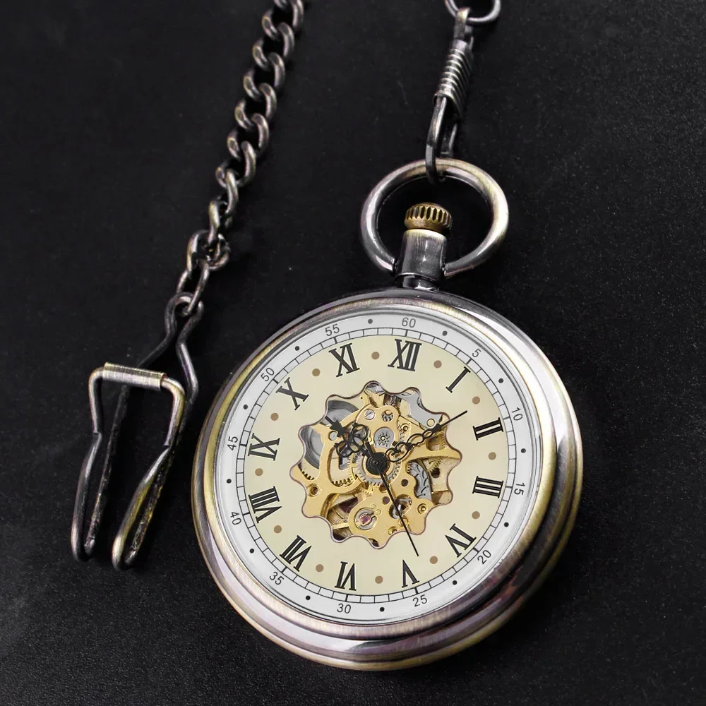 Montre de Poche Mécanique à Remontage Manuel pour Homme et Femme, Chiffres Romains Rétro, Steampunk Cool, Pendentif de Poche avec Fob, JOR