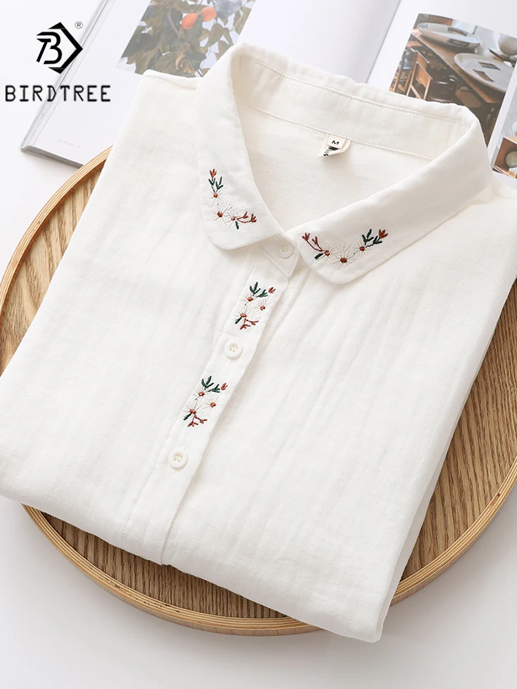 New Spring Women Double-layer Cotton Shirts Full Sleeve Embroidery Flower Round Collar Loose Casual Soft Blouse Office T33010X