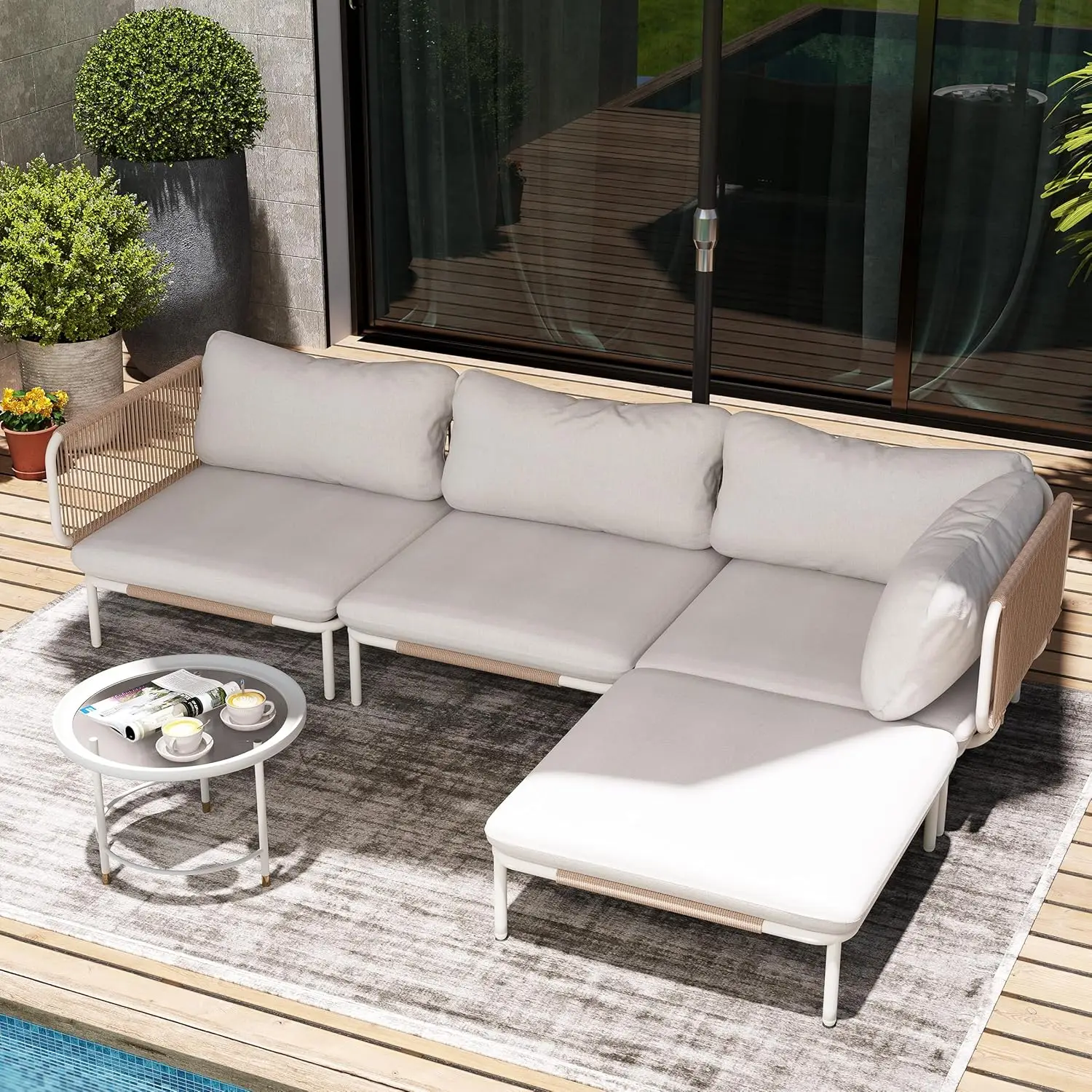 

4 Piece Modern Outdoor Sectional Sofa, 31" Oversized Patio Furniture Set with Olefin Woven Rope, Weather-Resistant, Customized
