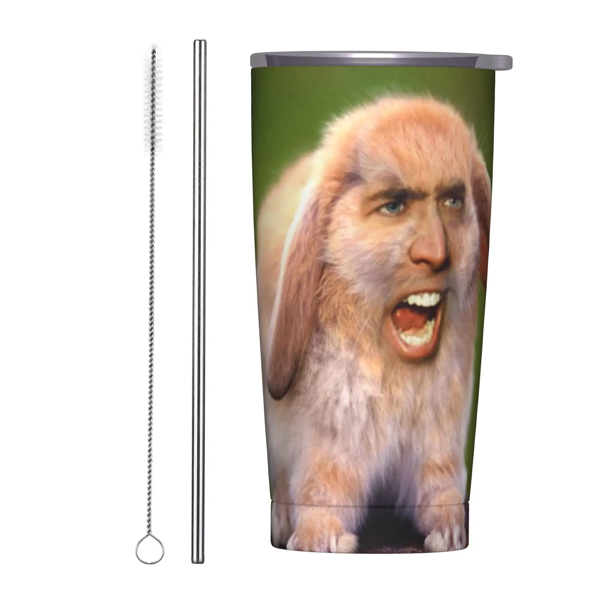 Nicolas CageRabbit Insulated Tumbler with Lid Nicolas Cage Funny Meme Vacuum Thermal Mug Double Wall Hot Cold Drinks Cups, 20oz