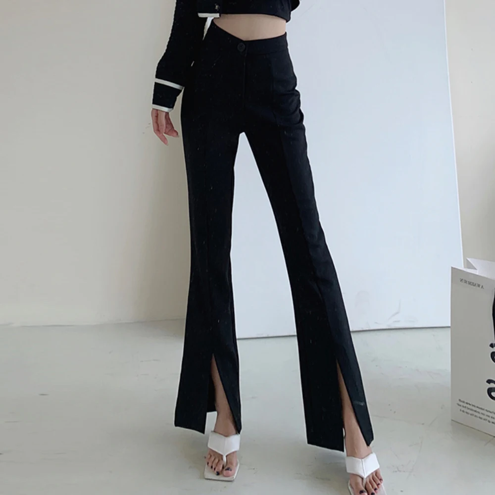 Fashion Office Wear High Waist Pants for Women Formal Suit Pants Office Lady Flare Trousers Black Split Casual Bodycon Pants