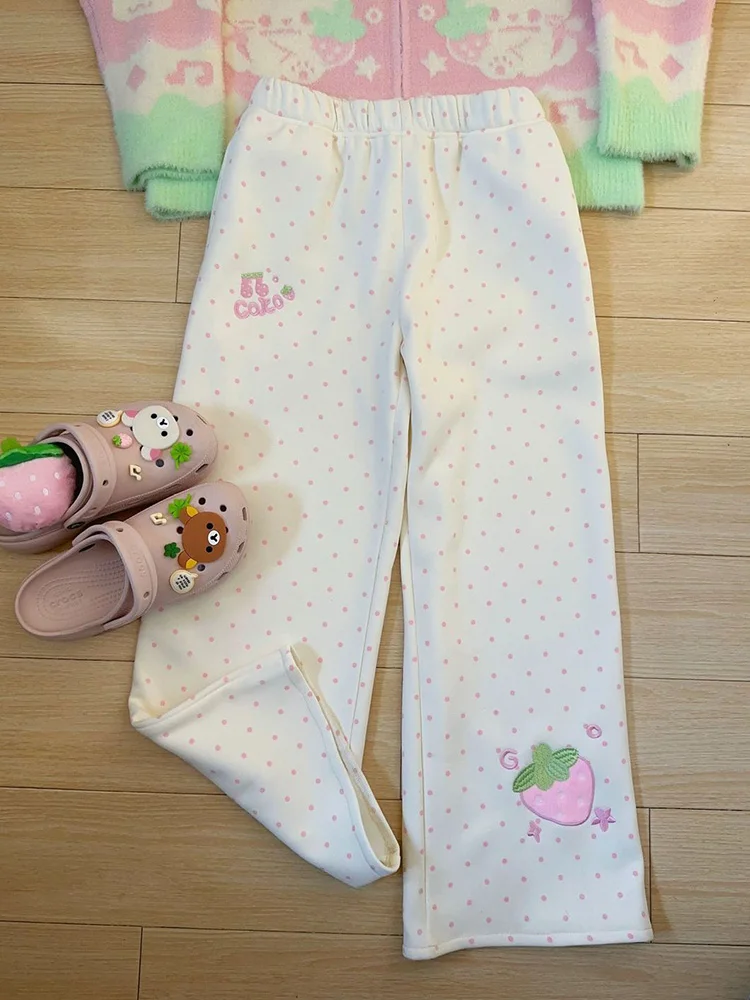 Kawaii Sweet Wide Leg Pants Women High Waist Cute Strawberry Embroidery Trousers Japan Preppy Style Female Spring Casual Pant - Image 2
