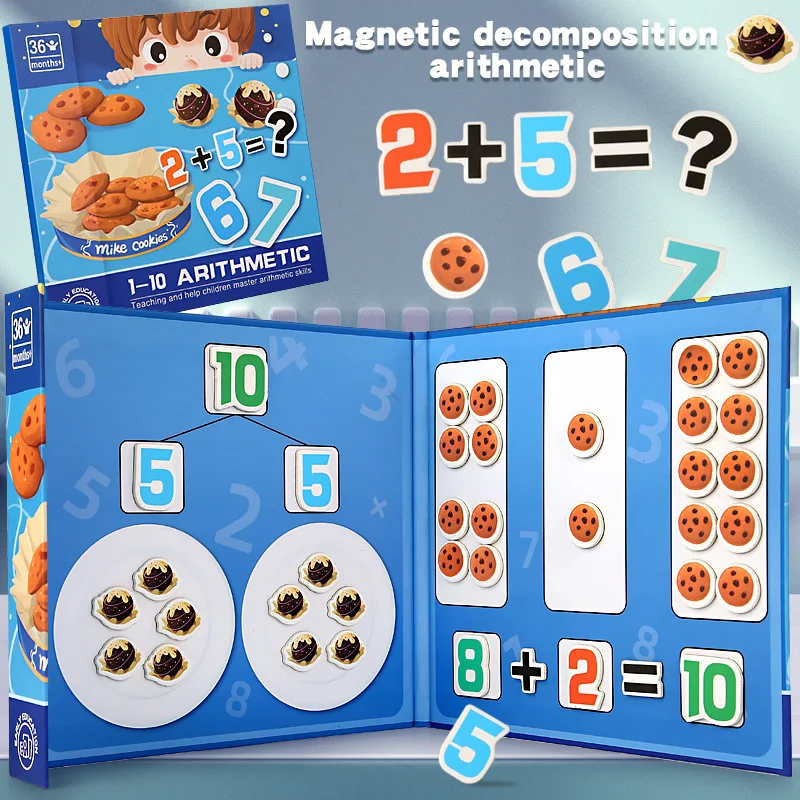 Montessori brinquedo magnético biscoito livro matemática adição subtração decomposição aprendizagem cedo brinquedos educativos para crianças