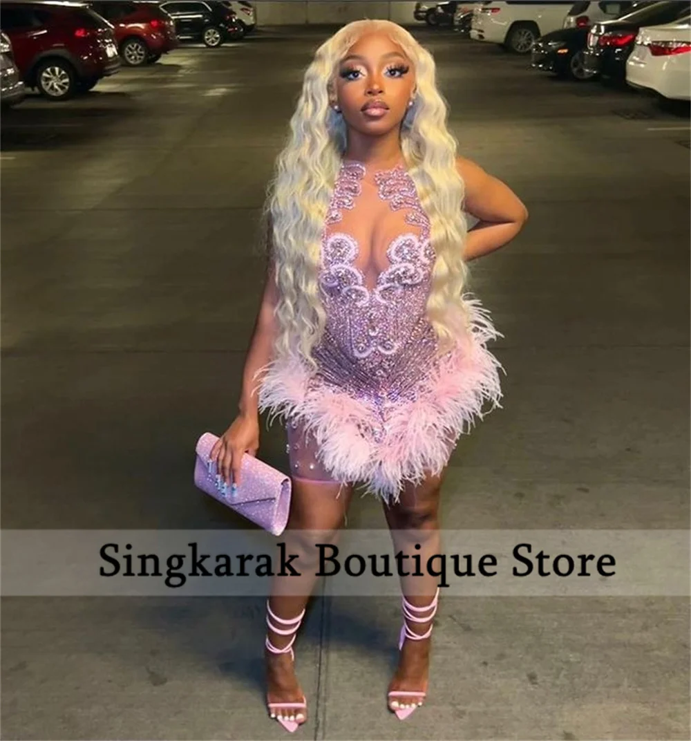 Sexy glitzerndes rosa Diamanten kurzes Ballkleid Glitzerkristalle Strass Perlen Feder Geburtstagsfeier Senior Homecoming Maßgeschneidert
