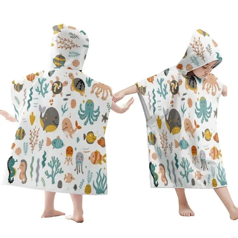 A5YC Children's Bath Towel Hooded Cloak Bath Robe Cartoon Print Wearable Bath Towel Swimming Travel Beach Bathrobe for Baby