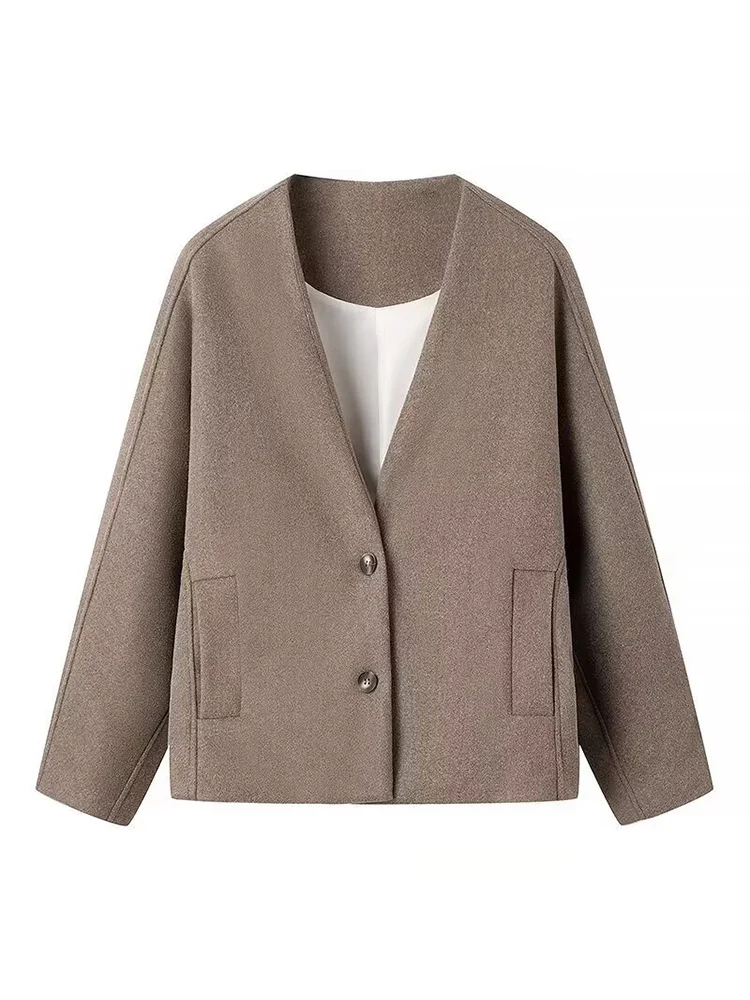 

European and American style autumn new fashion trend simple women's short V-neck long-sleeved loose versatile woolen coat
